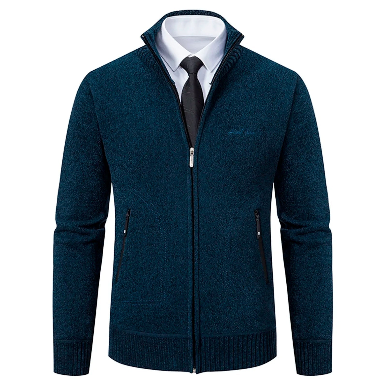 Cardigan lavorato a maglia da uomo - Misto lana - Collo alto con cerniera - Vestibilità su misura - Polsini a coste 1