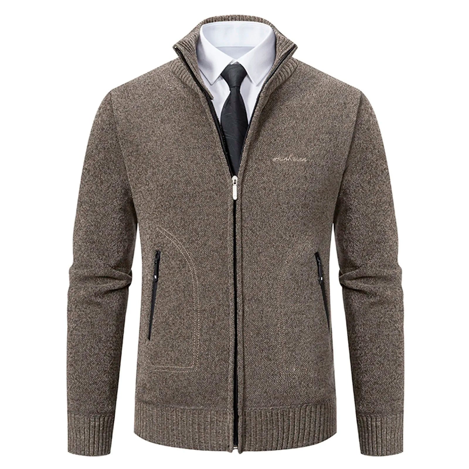 Cardigan lavorato a maglia da uomo - Misto lana - Collo alto con cerniera - Vestibilità su misura - Polsini a coste 3