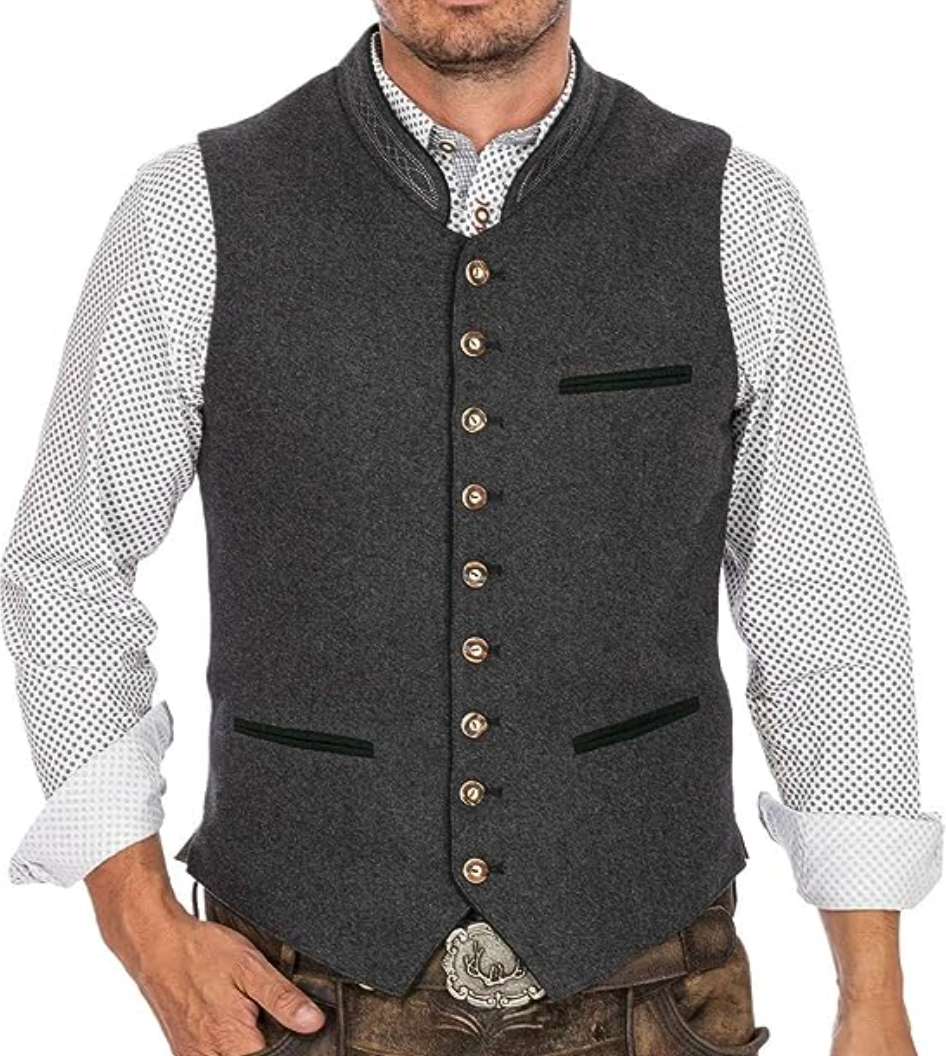 Gilet tradizionale bavarese grigio scuro, bottoni in metallo, tasche verdi, indossato su camicia bianca a pois. Abbigliamento uomo Oktoberfest.