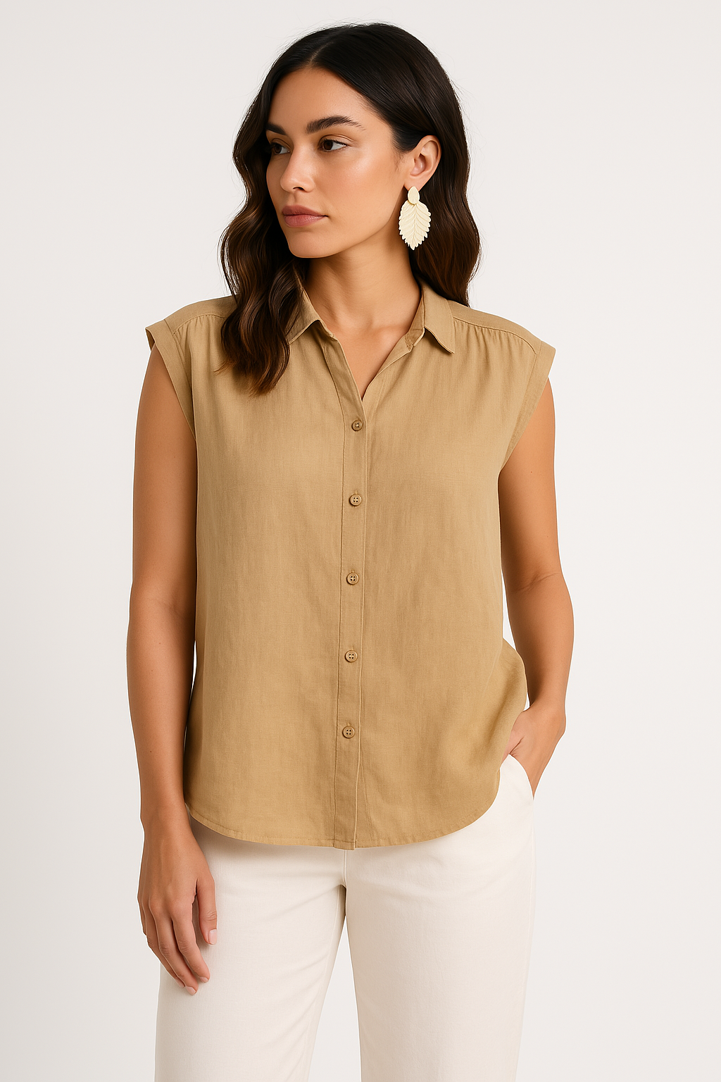 Donna con camicia beige senza maniche, bottoni frontali, abbinata a pantaloni bianchi. Stile casual elegante, moda femminile estiva.