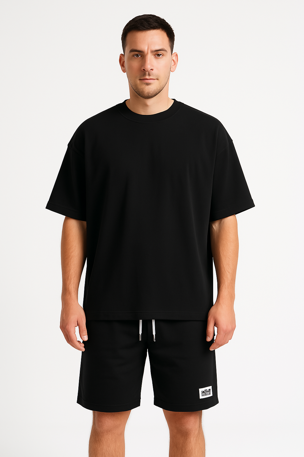 Uomo in t-shirt nera oversize e pantaloncini neri, sfondo bianco. Abbigliamento casual maschile, moda estiva, stile minimalista.