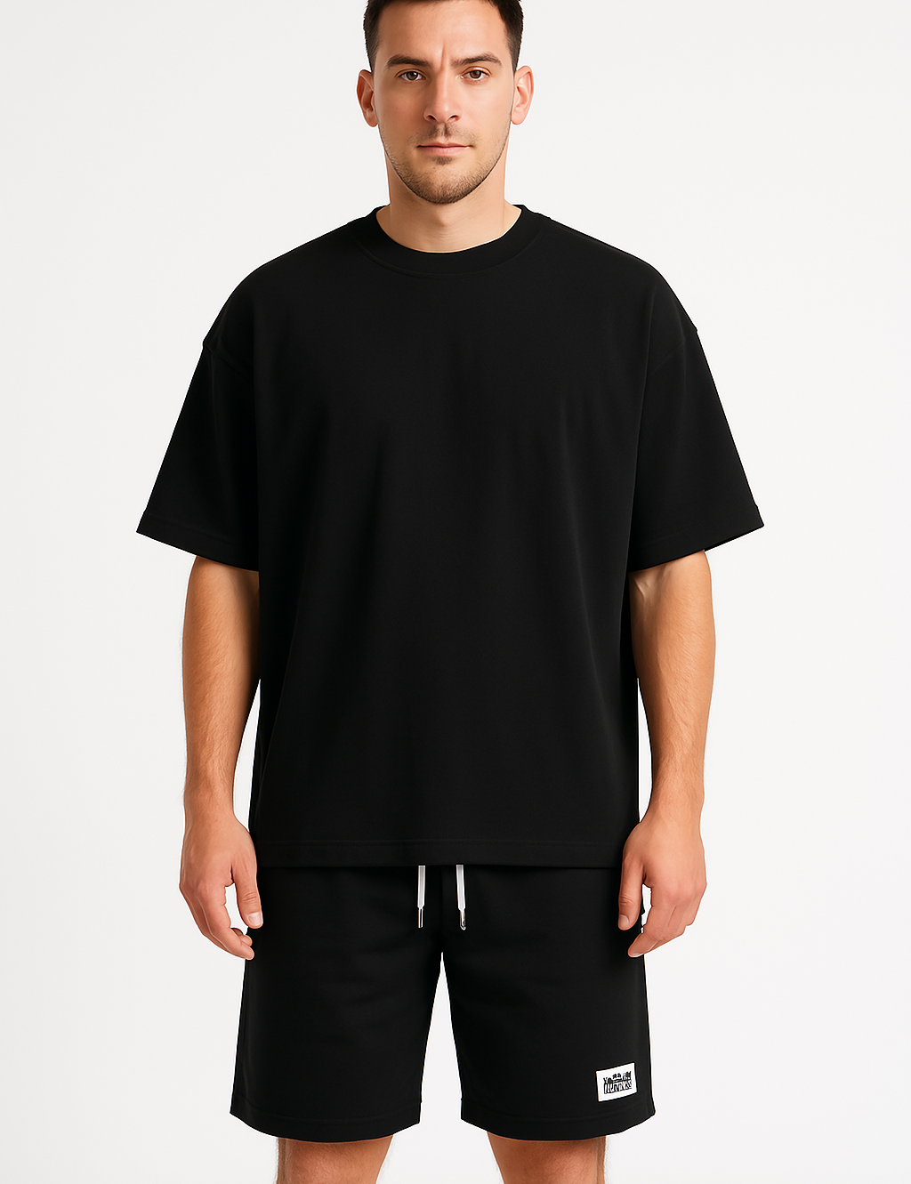 Maglietta nera oversize uomo, abbinata a pantaloncini neri con logo bianco. Abbigliamento casual moderno, moda maschile, stile minimalista.