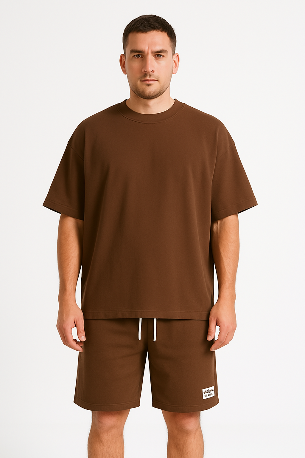Maglietta oversize marrone uomo, cotone, maniche corte, abbinata a pantaloncini coordinati. Look casual, moda uomo, abbigliamento estivo.