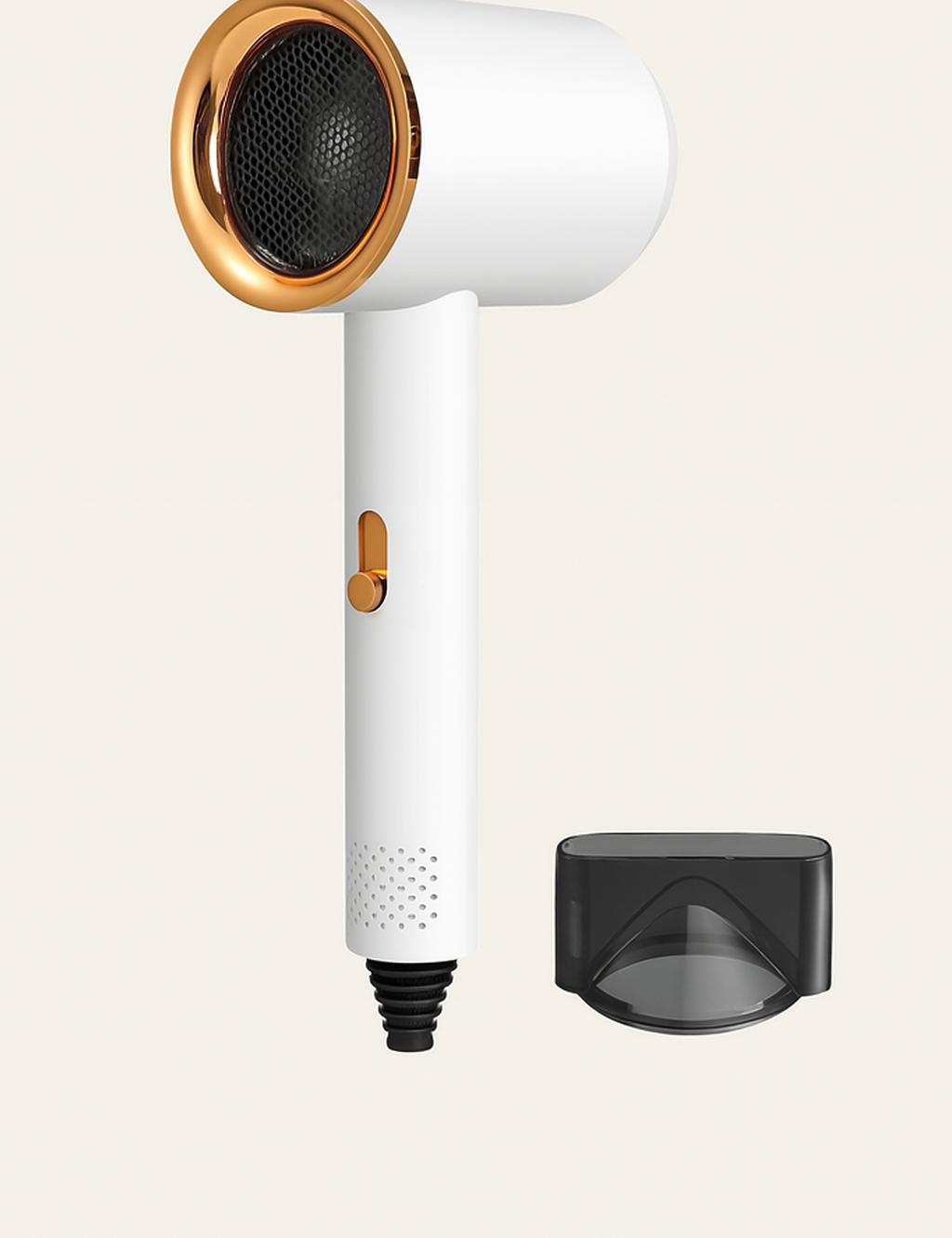 Asciugacapelli bianco con dettagli dorati e accessorio nero, design moderno. Phon compatto, elegante, ideale per styling capelli.