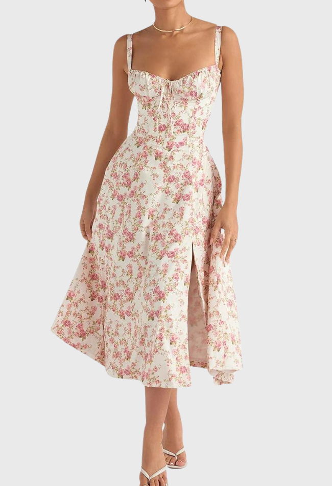 Abito estivo donna floreale bianco e rosa, scollatura a cuore, spalline sottili, lunghezza midi, spacco frontale, perfetto per occasioni eleganti.