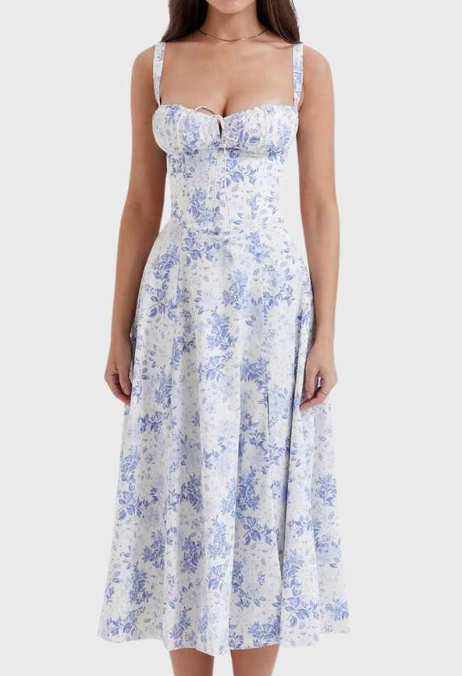 Abito estivo donna, lungo, floreale blu e bianco, senza maniche, scollo a cuore, stile vintage, perfetto per occasioni casual ed eleganti.