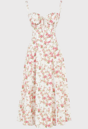 Abito estivo floreale donna, bianco con stampa rosa, scollo a cuore, spalline sottili, lunghezza midi. Moda femminile elegante e casual.