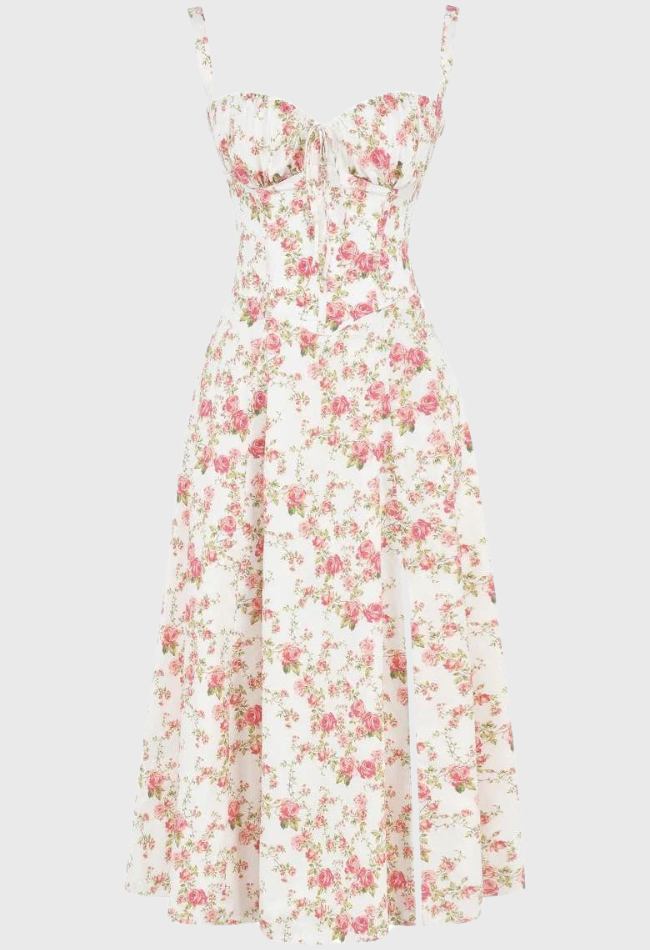 Abito estivo floreale donna, bianco con stampa rosa, scollo a cuore, spalline sottili, lunghezza midi. Moda femminile elegante e casual.
