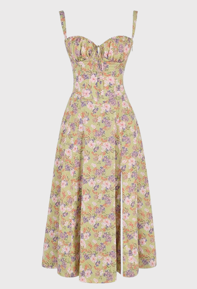 Abito estivo floreale donna, lungo, con spalline, stampa fiori rosa e viola su sfondo verde chiaro. Elegante e casual, perfetto per la stagione calda.