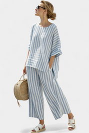 Completo Estivo Elegante in Lino con Top a Righe e Pantaloni Rilassati 0