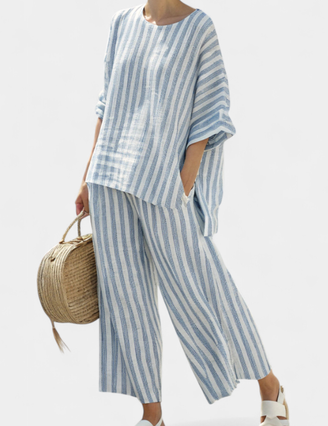 Completo Estivo Elegante in Lino con Top a Righe e Pantaloni Rilassati 1