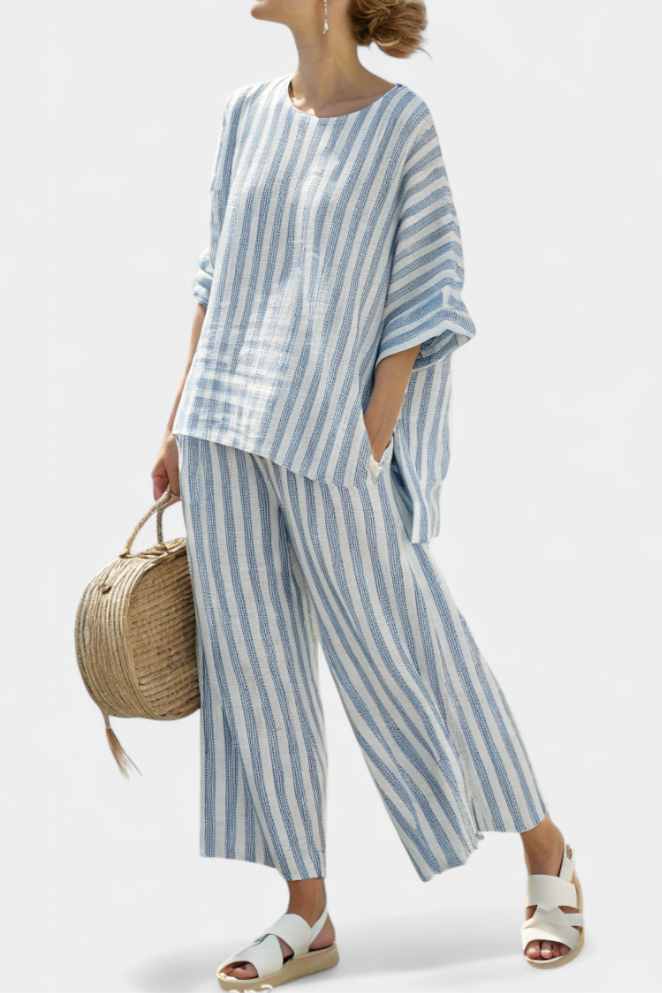 Completo Estivo Elegante in Lino con Top a Righe e Pantaloni Rilassati 1