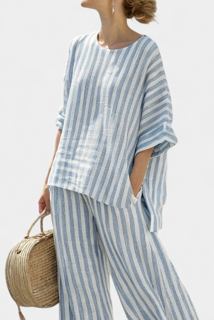 Completo Estivo Elegante in Lino con Top a Righe e Pantaloni Rilassati 2