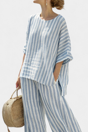 Completo Estivo Elegante in Lino con Top a Righe e Pantaloni Rilassati 2
