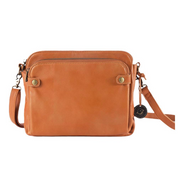Borsa a tracolla in pelle marrone chiaro, design elegante con zip frontale e tasche, ideale per moda donna e accessori di tendenza.