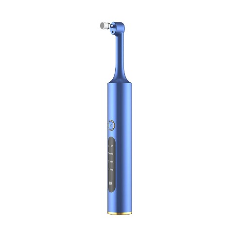 Spazzolino elettrico blu con testina rotante, design moderno, pulsanti di controllo, ideale per igiene orale avanzata e pulizia dentale efficace.