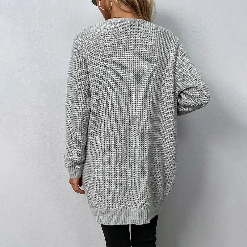 Maglione donna grigio, lavorato a maglia, maniche lunghe, stile casual, ideale per autunno e inverno, moda femminile, abbigliamento caldo.