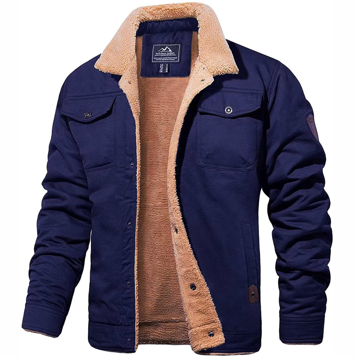 Giacca invernale uomo blu con fodera in pelliccia sintetica beige, colletto a camicia, tasche frontali, ideale per abbigliamento casual e outdoor.