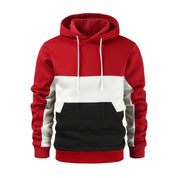 Felpa con cappuccio a blocchi di colore rosso, bianco e nero, design casual, unisex, in cotone, ideale per moda streetwear e abbigliamento autunnale.