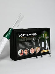Set Vortex Wand per crescita capelli, include pettine e accessori in metallo, confezione nera con immagini dimostrative, stimolazione follicoli.