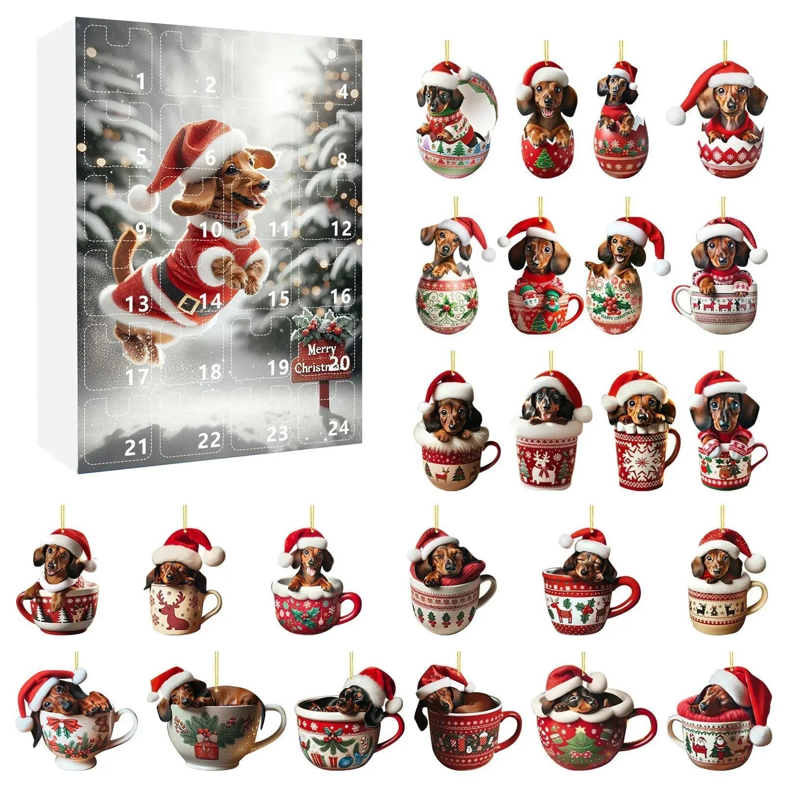 DachshundCharm | Calendario dell'Avvento in acrilico con cane per il conto alla rovescia delle feste 0