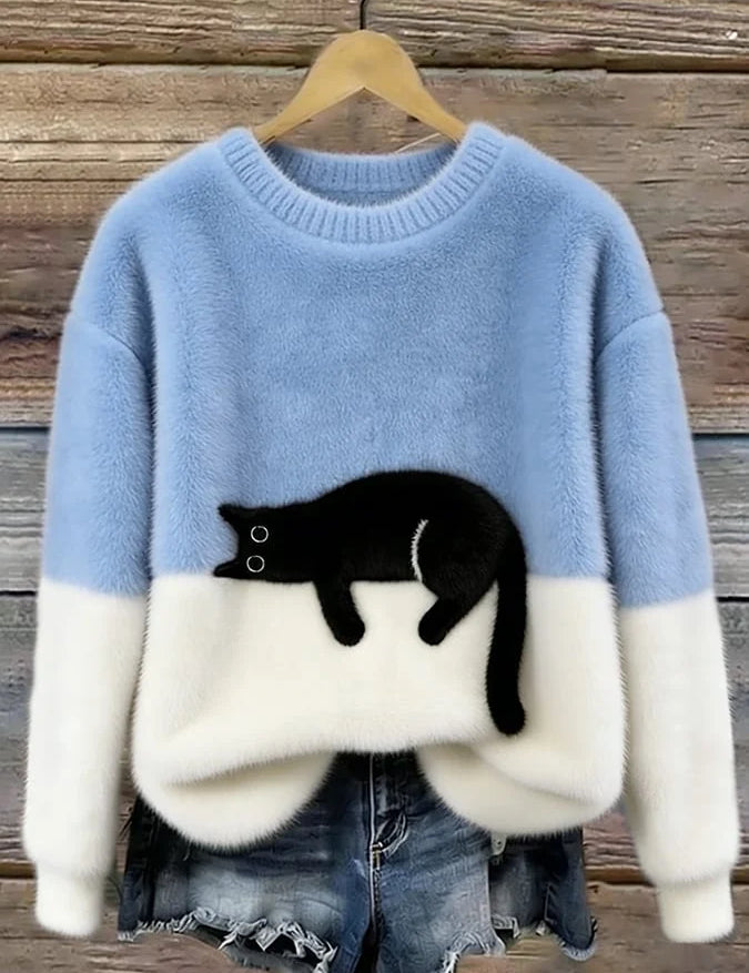 Damen Oversized Pullover mit Farbblockdesign und Katzenmotiv 0