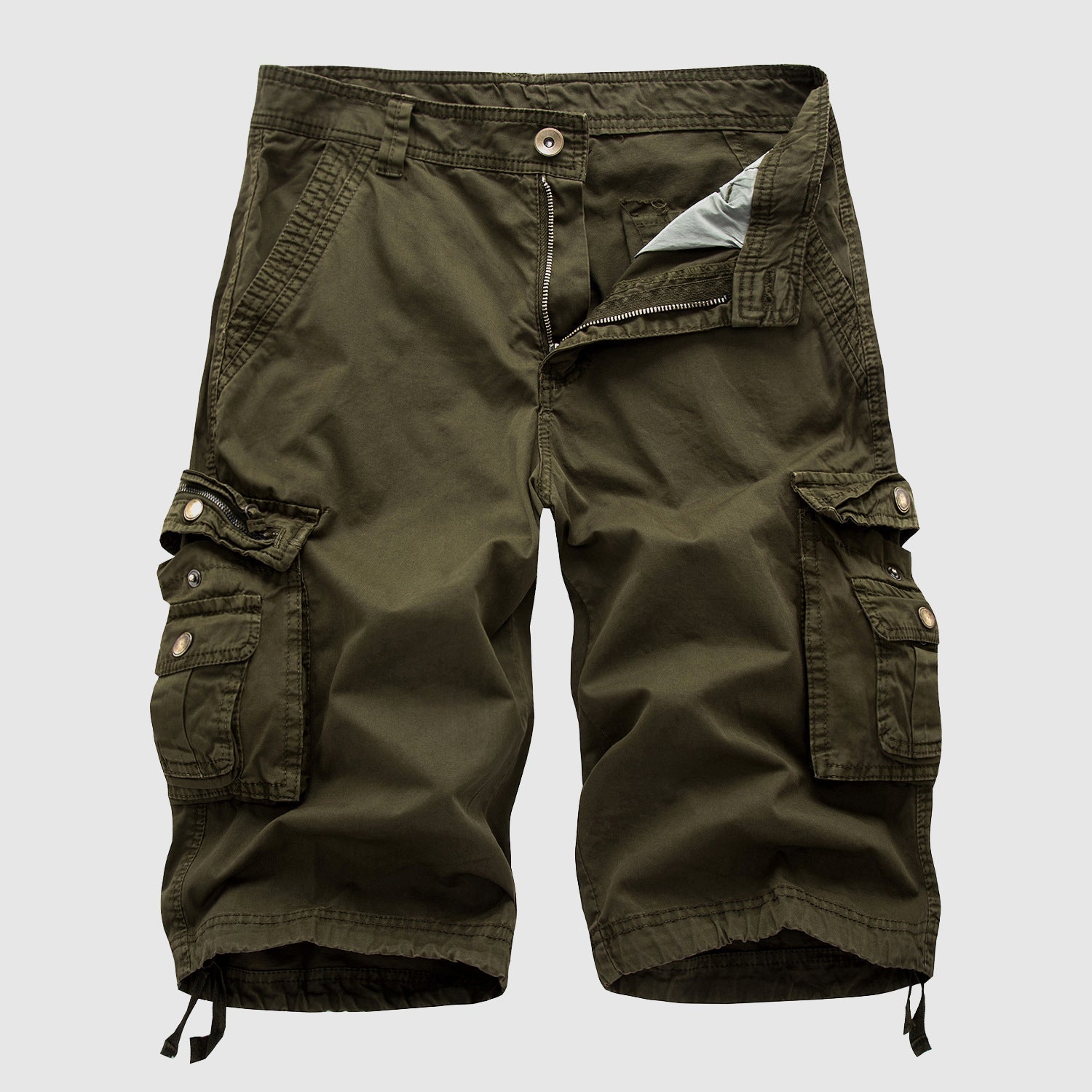 Bermuda cargo verde militare da uomo, tasche multiple, cotone resistente, stile casual, perfetto per attività all'aperto e tempo libero.