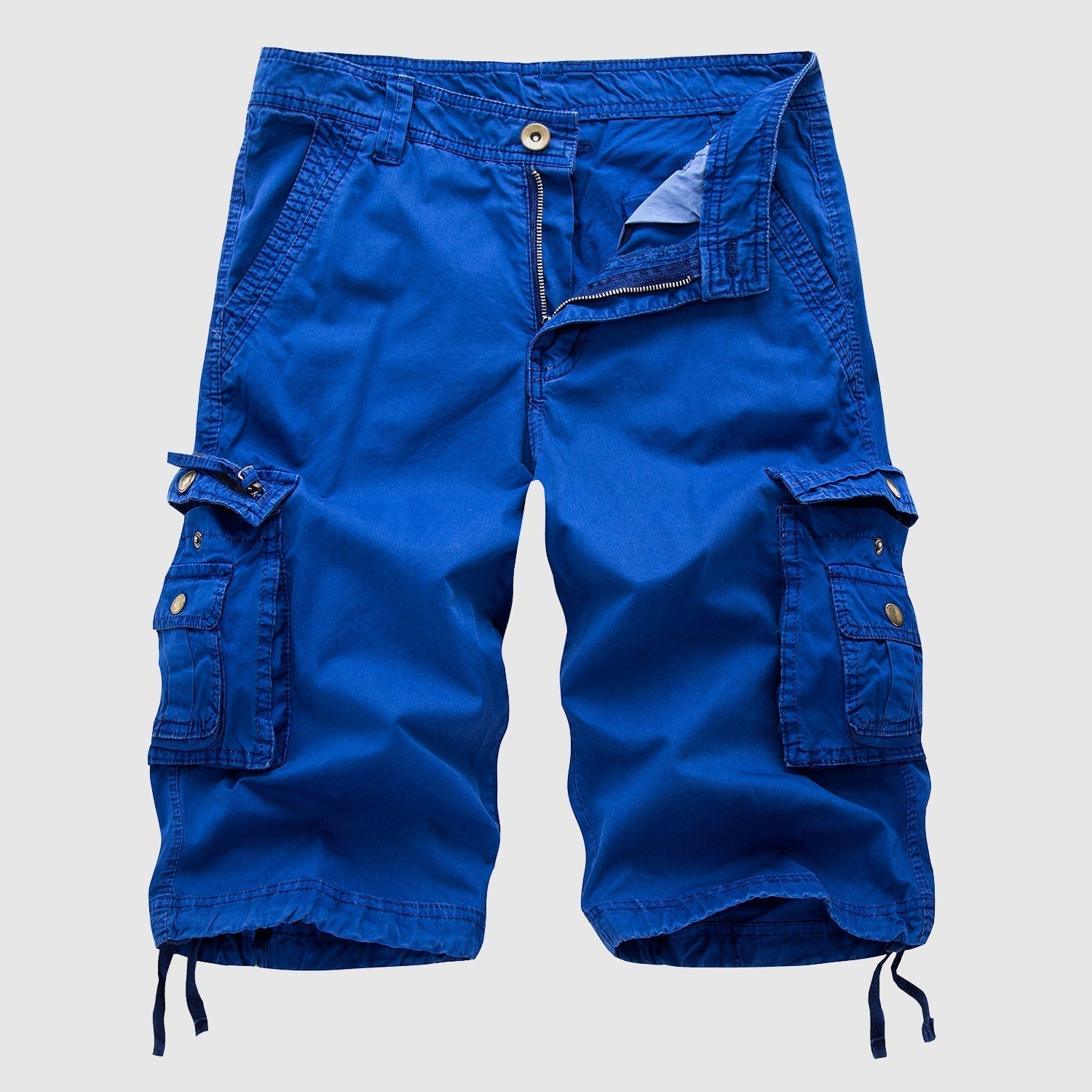 Pantaloncini cargo blu da uomo, tasche multiple, chiusura con bottone e zip, stile casual estivo, tessuto resistente, moda maschile.