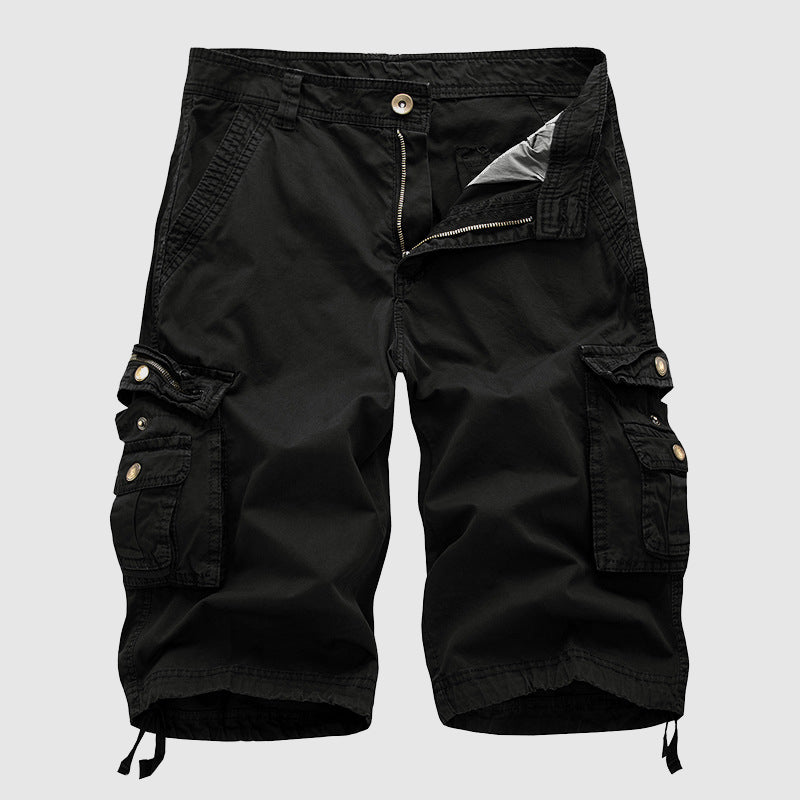 Pantaloncini cargo neri da uomo, tasche multiple, chiusura con bottone e zip, stile casual, tessuto resistente, ideali per attività all'aperto.