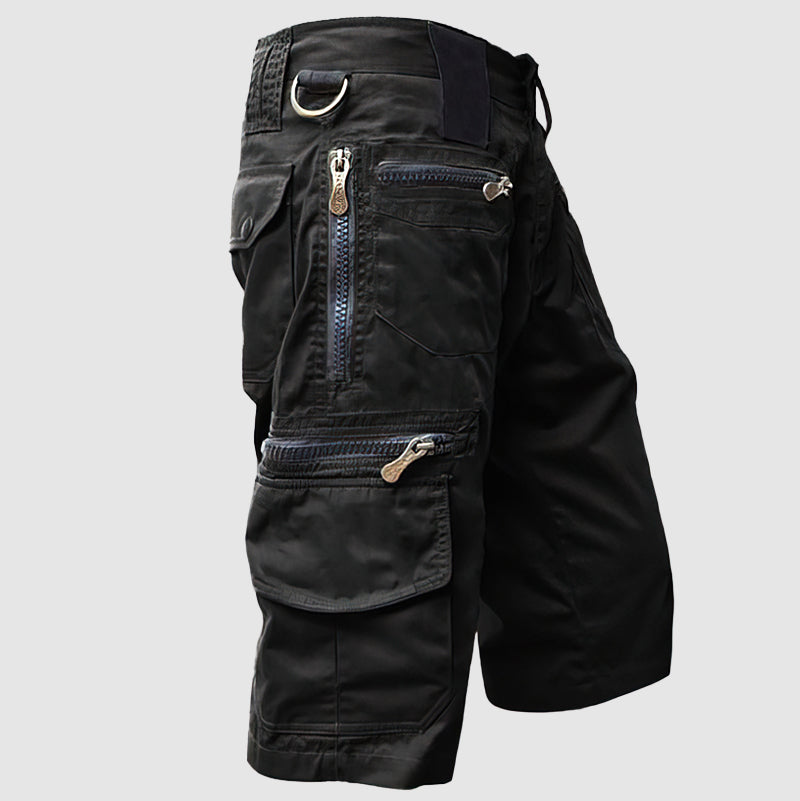 Pantaloncini cargo neri da uomo, multi-tasche con zip, design casual e resistente, ideali per attività all'aperto e uso quotidiano.