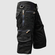 Pantaloncini cargo neri da uomo, multi-tasche con zip, design casual e resistente, ideale per attività all'aperto e uso quotidiano.