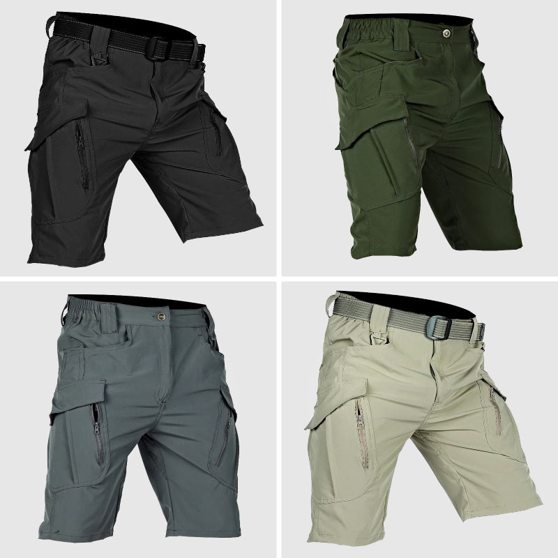 Quattro pantaloncini cargo da uomo in diversi colori: nero, verde, grigio e beige. Design con tasche multiple e cintura regolabile. Ideali per outdoor.