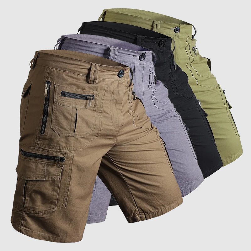 Pantaloncini cargo multicolore da uomo, tasche con zip, design casual, tessuto resistente, ideali per attività all'aperto e tempo libero.