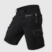 Pantaloncini cargo neri da uomo, multi-tasche con zip, design casual e resistente, ideale per attività all'aperto e uso quotidiano.