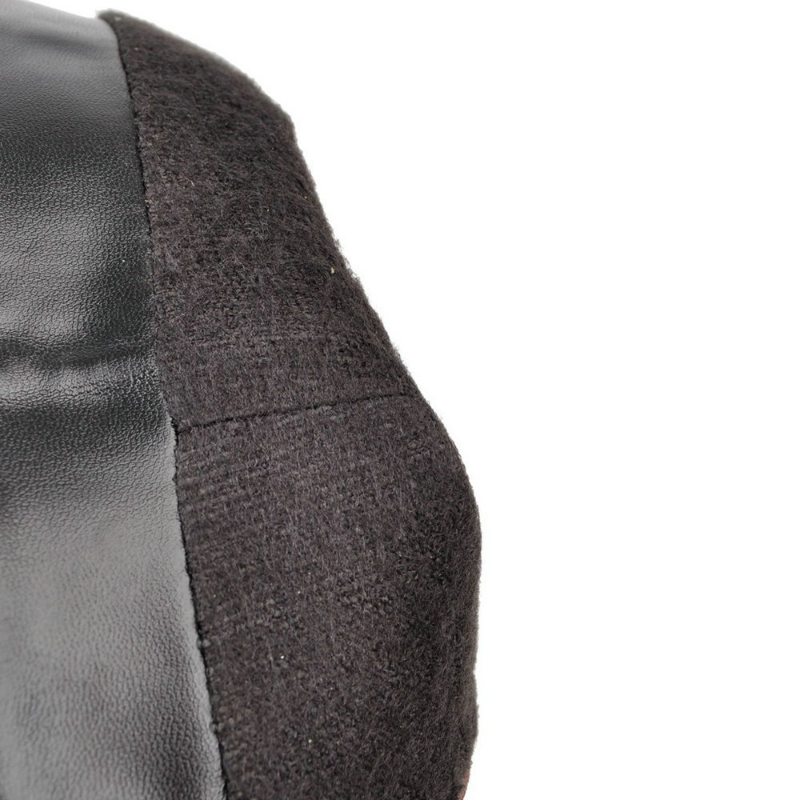 Cuscino lombare ergonomico in schiuma memory, rivestimento in tessuto nero e pelle sintetica, supporto per sedia ufficio, comfort e postura corretta.