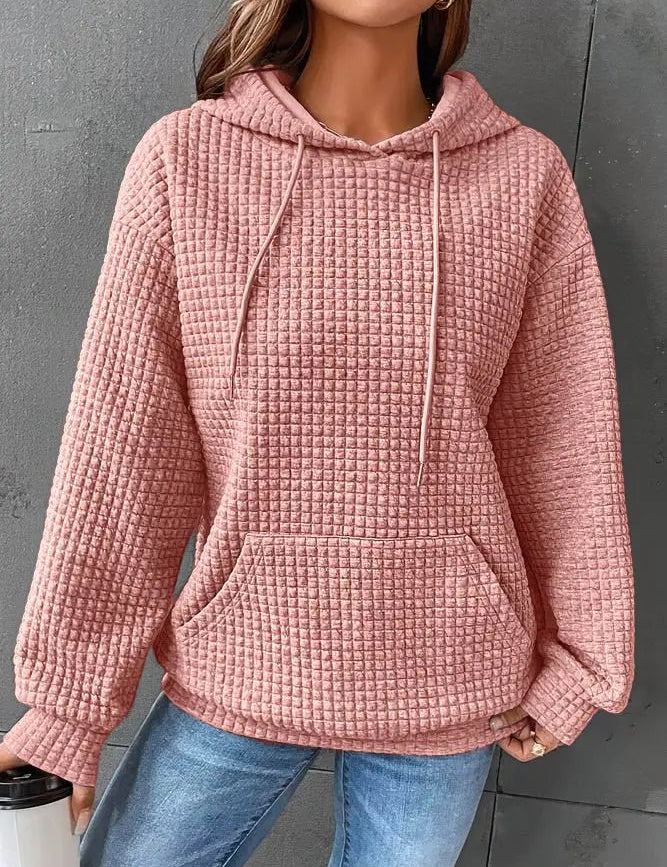 Felpa donna rosa con cappuccio, tessuto a quadri, tasca frontale, maniche lunghe, stile casual. Perfetta per moda autunnale e invernale.
