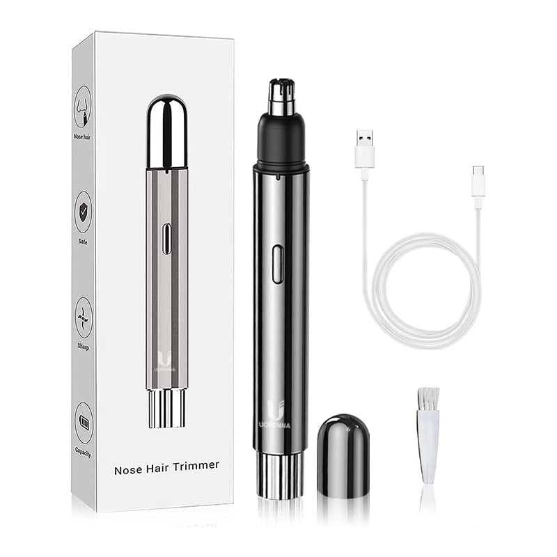 Tagliapeli naso elettrico in acciaio inox con confezione, cavo USB e spazzola pulizia. Rasoio sicuro e preciso per uomo e donna.