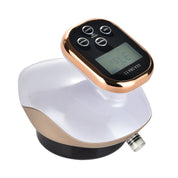 Dispositivo massaggio anticellulite portatile, bianco e oro, con display digitale e pulsanti. Ideale per tonificare e migliorare la circolazione.