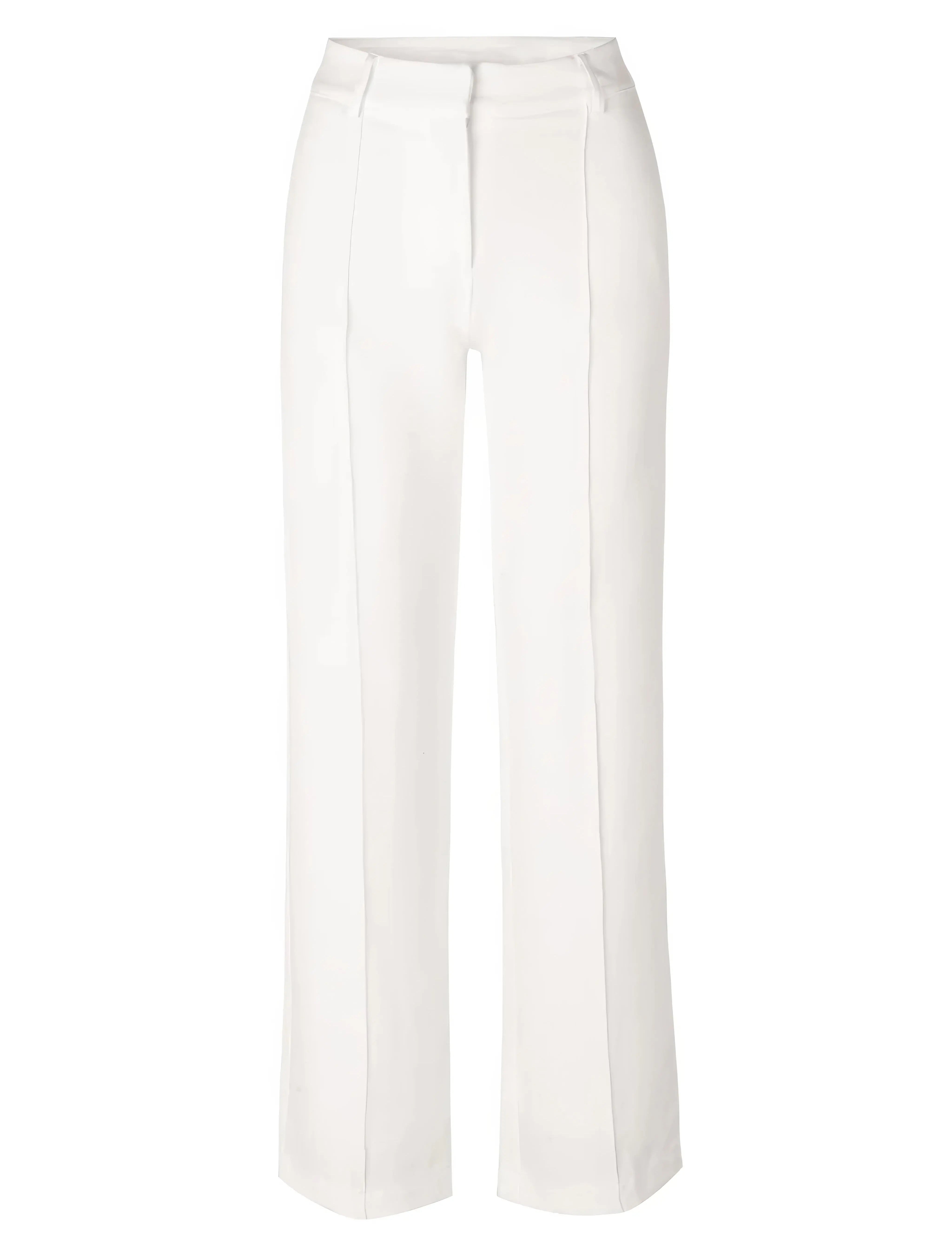 Pantaloni bianchi eleganti da donna, taglio dritto, vita alta, tessuto leggero. Ideali per look formali e casual. Disponibili in diverse taglie.