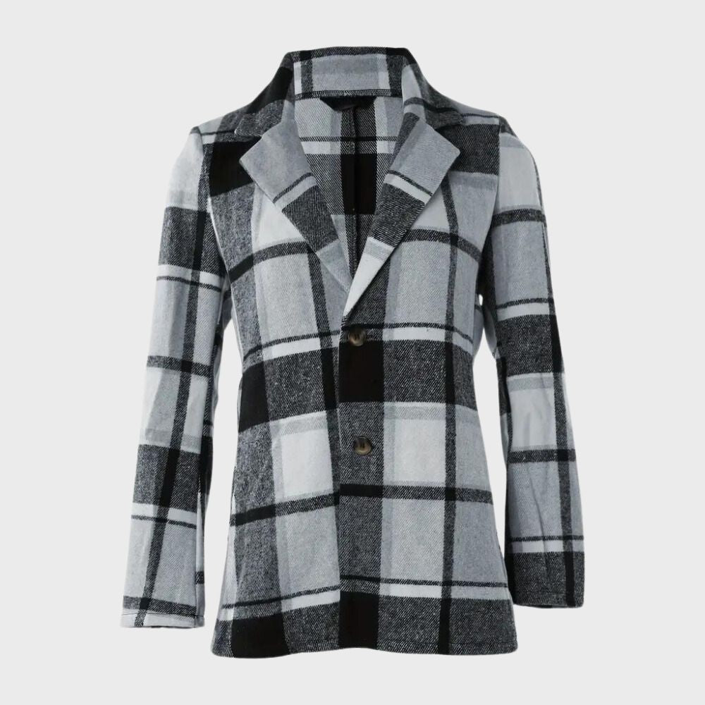 Giacca a quadri bianco e nero, stile casual, tessuto invernale, chiusura a bottoni, design moderno, ideale per moda autunnale e invernale.