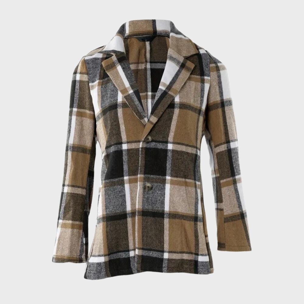 Giacca a quadri marrone e bianca da donna, stile casual, con bottoni e revers classico. Elegante e versatile per l'autunno e l'inverno.