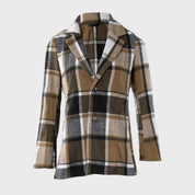 Giacca a quadri marrone e bianca da donna, stile casual, con bottoni e revers classico. Elegante e versatile per l'autunno e l'inverno.