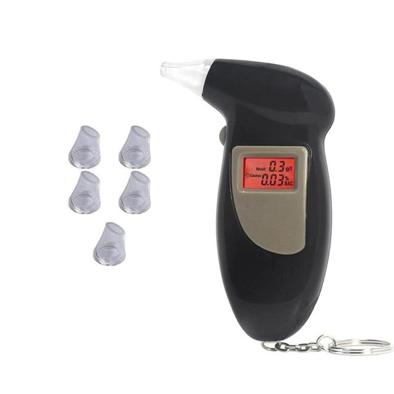 Etilometro portatile digitale nero con display LCD rosso, include cinque bocchini di ricambio. Strumento per misurare il tasso alcolemico.