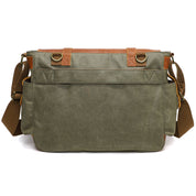 Borsa a tracolla in tela verde oliva con dettagli in pelle marrone, tasche multiple, design resistente, ideale per lavoro e viaggio.