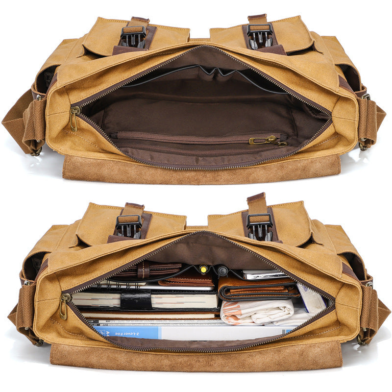Borsa a tracolla in tela marrone aperta, con scomparti interni visibili, contenente libri, quaderni e accessori. Design robusto e spazioso.