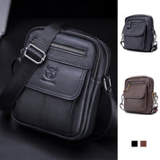 Borsa a tracolla in pelle nera da uomo con tasche multiple e cerniere, design elegante e pratico. Disponibile anche in marrone e blu.