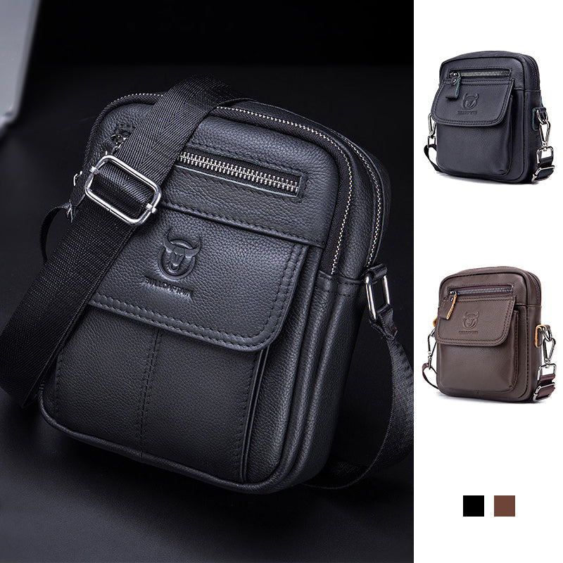 Borsa a tracolla in pelle nera da uomo con tasche multiple e cerniere, design elegante e pratico. Disponibile anche in marrone e blu.