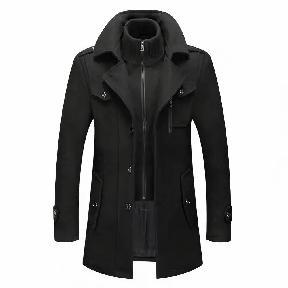 Cappotto uomo nero elegante, lungo, con colletto alto e chiusura a bottoni, tasche frontali. Ideale per moda invernale e look formale.
