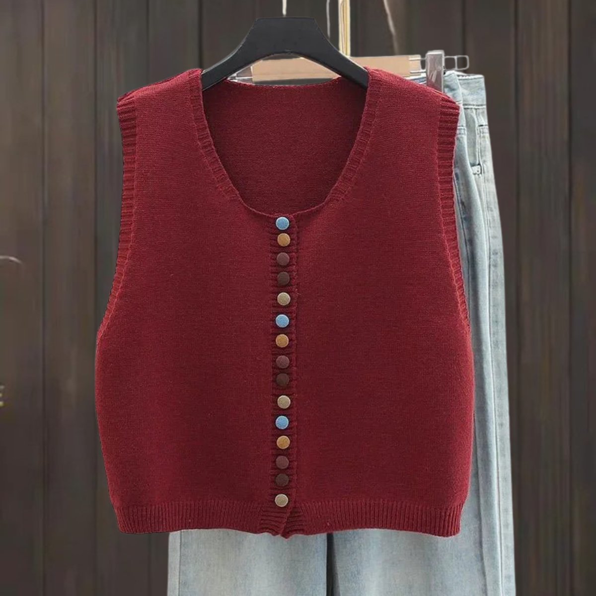 Gilet Donna Lavorato a Maglia Senza Maniche con Bottoni Colorati Versatile 1