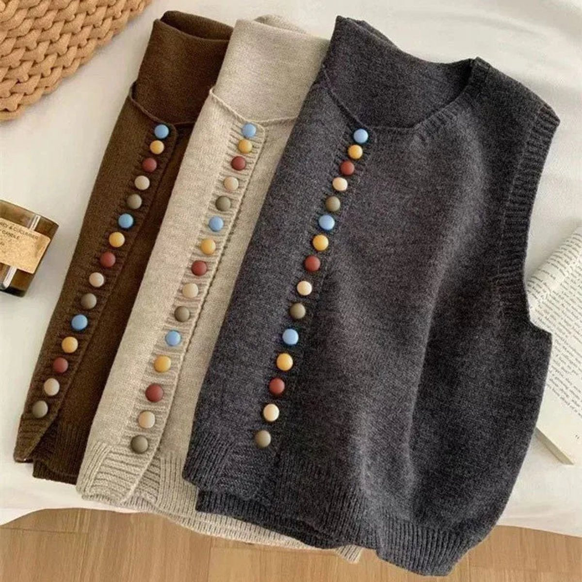 Gilet Donna Lavorato a Maglia Senza Maniche con Bottoni Colorati Versatile 6